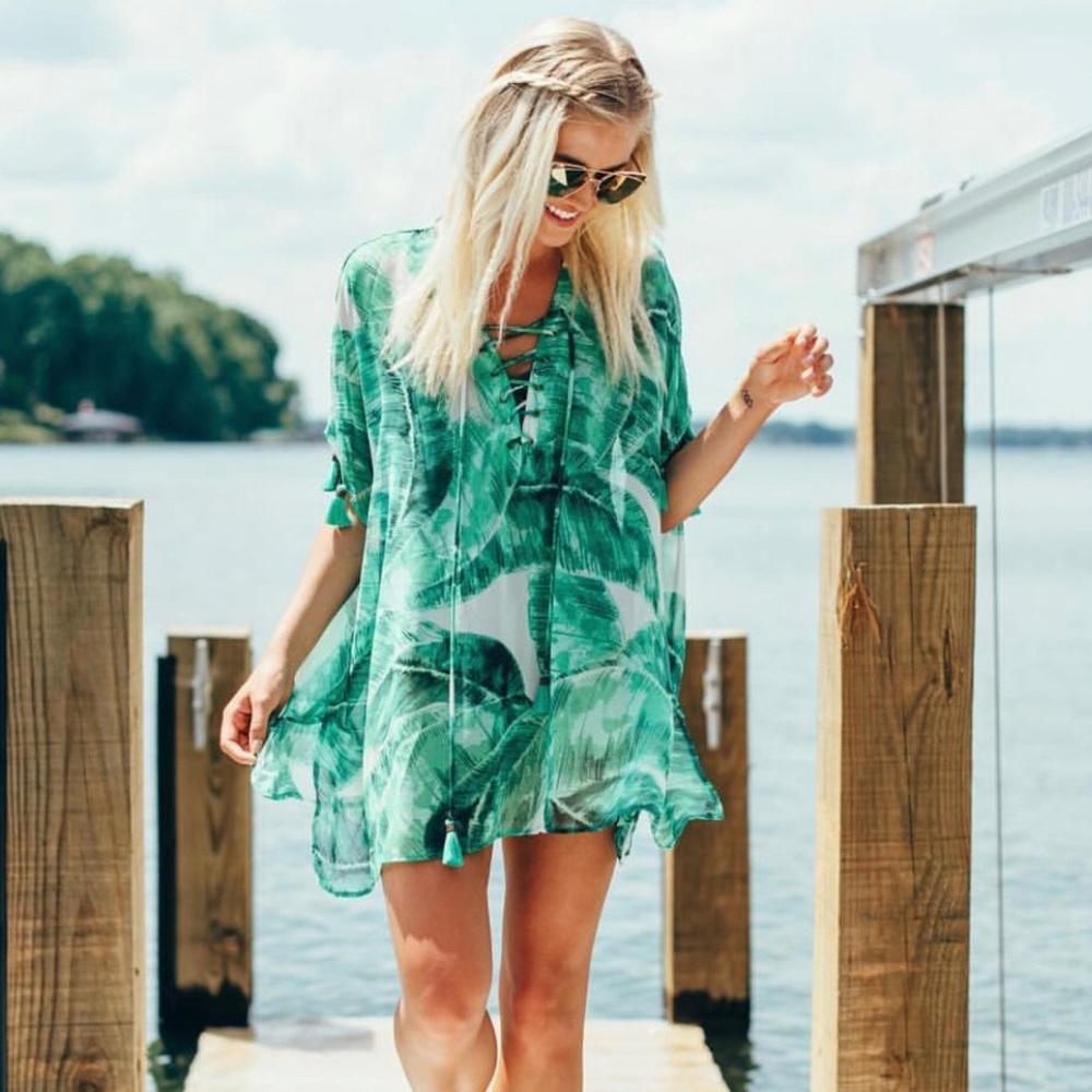 Leaf Tassel Lace-Up Cover Up